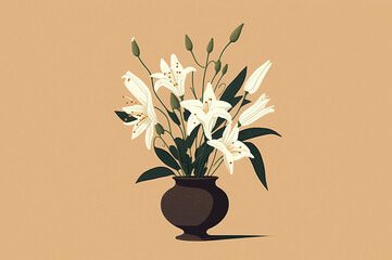 White lilies in a vase illustration on orange background