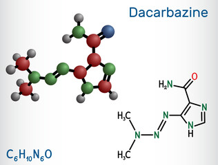 Dacarbazine, imidazole carboxamide, DTIC  molecule. It is antineoplastic drug used to treat malignant melanoma, Hodgkin's disease. Structural chemical formula, molecule model.