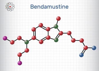 Bendamustine molecule. It is alkylating agent, used in treatment of lymphocytic leukemia. Structural chemical formula, molecule model. Sheet of paper in a cage