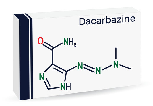 Dacarbazine, imidazole carboxamide, DTIC  molecule. It is antineoplastic drug used to treat malignant melanoma, Hodgkin's disease. Skeletal chemical formula. Paper packaging for drugs.