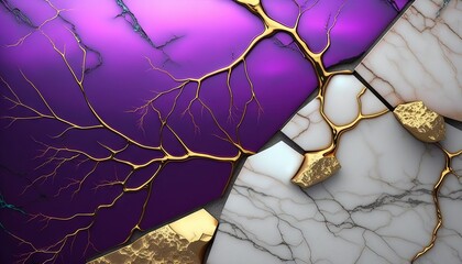  a computer generated image of a marble surface with gold and purple details on the edges of the image and a purple background with gold details on the edges.  generative ai