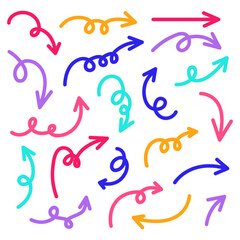 Set of colorful hand drawn arrows. Navigation direction swirl guideline cursor outline element for decor design. 
