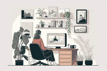 Working from home - A woman working at her desk at home with a cat and plants. Modern vector illustration concept of the home office. ai generated