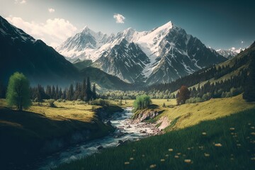photo of A scenic natural background featuring majestic mountain peaks in the distance - generative ai