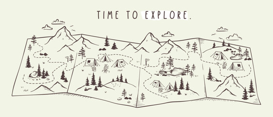 Cute hand drawn seamless pattern with camping doodles, tents, landscape and trails, great for textiles, banners, wallpapers