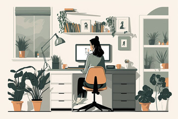 Illustration of a young woman working at home with laptop, ai generated