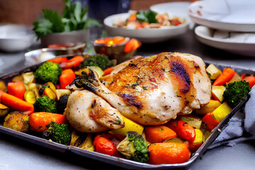 Baked chicken with vegetables. In a white plate on a dark table with a textile napkin and fresh herbs.