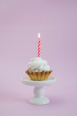 Cake with pink candle on a white stand on a pink background