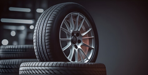 Car tire black banner background. Generation AI