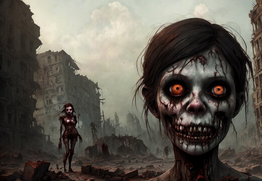 Portrait of a zombie woman on the background of the city. Zombie Apocalypse concept. Generative AI	
