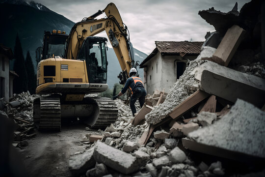 Destroy after Earthquake, Rescue service excavator clears rubble of house after natural disaster. Generation AI