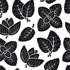 Peppermint Leaves Seamless Pattern. Floral Background with Fresh Mint Leaf. Medicinal Plants and Spicy Herbs. Black and White Vector illustration.