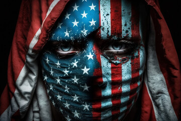 Face fully covered with the american or the united states flag. Usa flag on head. Patriotic american or patriotism concept. Ai generated