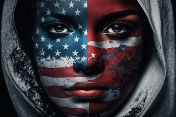 Face fully covered with the american or the united states flag. Usa flag on head. Patriotic american or patriotism concept. Ai generated - obrazy, fototapety, plakaty