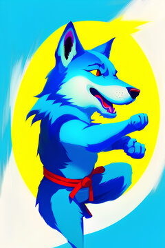 Karate wolf cartoon for gym and dojos. Generative AI