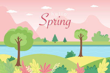 Fototapeta na wymiar Hello spring. Spring landscape. Spring nature. Werner. Background. Vector graphics