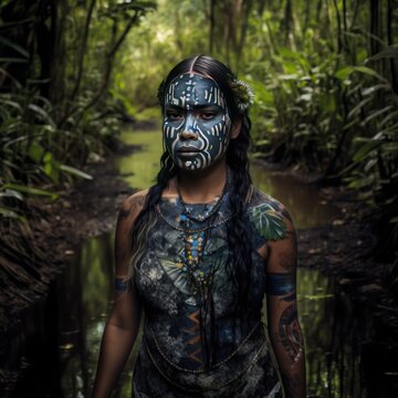 Amazon tribe woman walking in the jungle on the river. image generated by ai