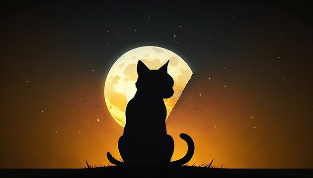  a black cat sitting in front of a full moon with the silhouette of a cat in the foreground of the image, with the moon in the background.  generative ai