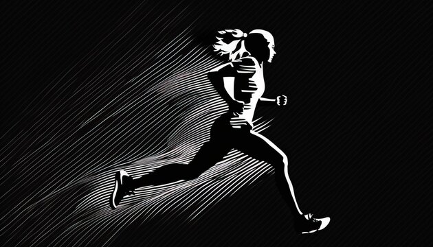  a man running in the rain with a black and white image of him on the back of his head and a white and black background.  generative ai