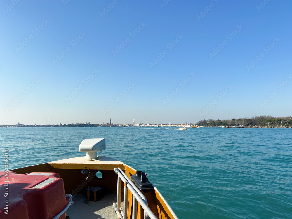 Wall mural view of Venetian Lagoon from vaporetto in Venice city in February morning