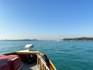 view of Venetian Lagoon from vaporetto in Venice city in February morning