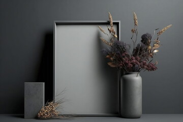 Fototapeta premium Black thin vertical frame mock up beside concrete vase with dry flowers over gray wall. Ai generative