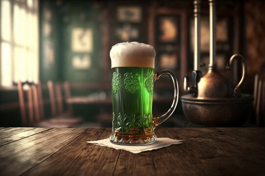 Beer mug of green Irish beer on table in pub. St. Patrick's day concept. Ai generative