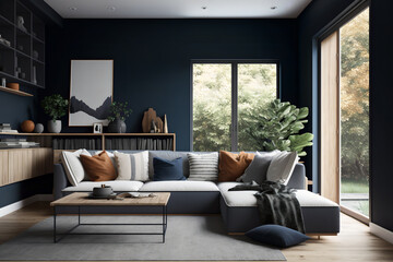 a modern living room with a cozy and sophisticated feel. The room features a dark blue accent wall, a light gray sectional sofa, a natural wood coffee table, and a contemporary area rug. generative ai - obrazy, fototapety, plakaty