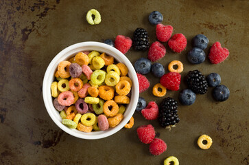 Top View of Colorful Cereal with Raspberries, Blueberries and Blackberries