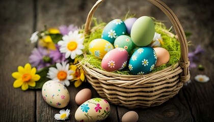 Obraz na płótnie Canvas Easter egg basket with a pop of color, Generative AI