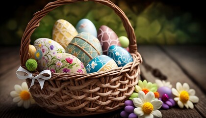 A basketful of vibrant Easter eggs, Generative AI