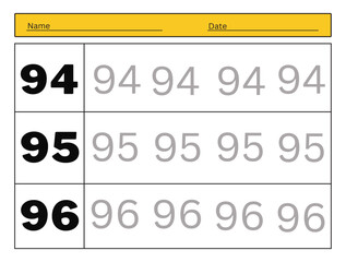 The practice of writing numbers 94, 95, 96. Tracking worksheet count and write