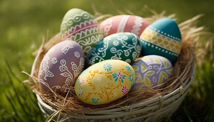 Fototapeta na wymiar Easter eggs displayed in a colorful basket, Generative AI