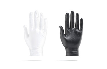Fototapeta na wymiar Blank black and white rubber gloves mockup, front back view