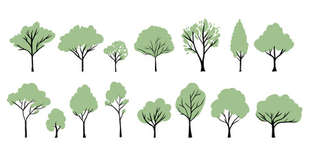 Green trees silhouettes set. Vector hand drawn isolated illustrations of different trees - obrazy, fototapety, plakaty