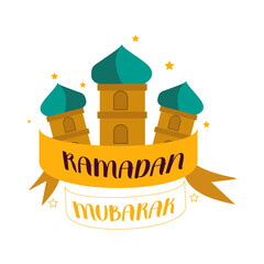 the background of three mosques is blue and yellow with the inscription ramdhan as a symbol of Eid al-Fitr
