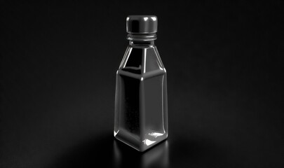  a glass bottle with a black top on a black background.  generative ai