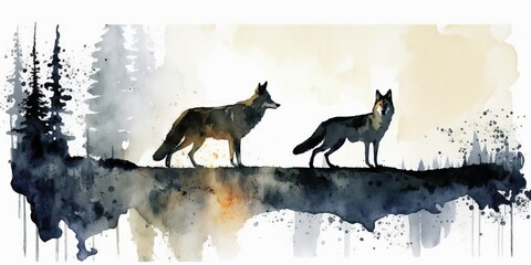 Two wolves in Alaska. Watercolor painting.
Generative AI art.
