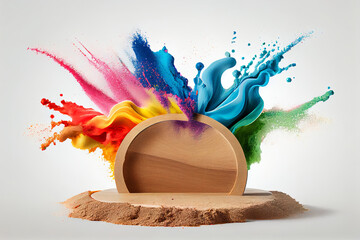 Plakat Product display podium with colorful powder paint explosion. Generative ai
