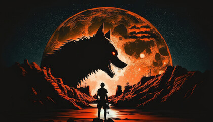 big full moon with werewolf, hilly landscape