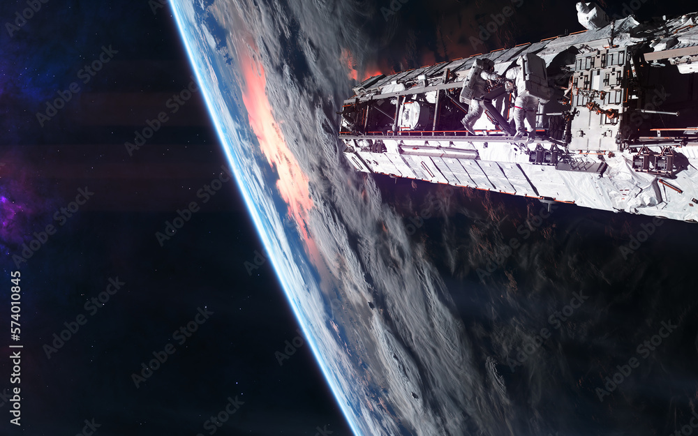 Wall mural space station on background of earth. solar system. science fiction. elements of this image furnishe