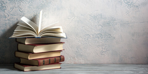 Vintage old hardback books. Education background. Back to school. Copy Space.