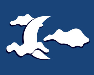Drawing of a crescent moon and clouds in the night sky, flat design