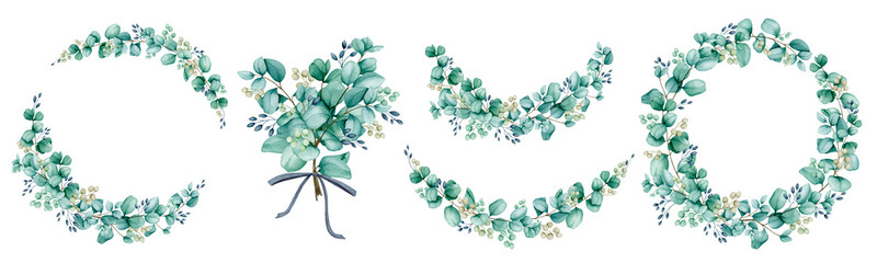 Fototapeta premium Eucalyptus branches design set. Watercolor wreaths and compositions for the design of greeting cards, invitations, congratulations, posters, announcements. Wedding, birthday, anniversary design.