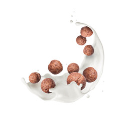 Rye cocoa balls with milk splash closeup isolated on white background