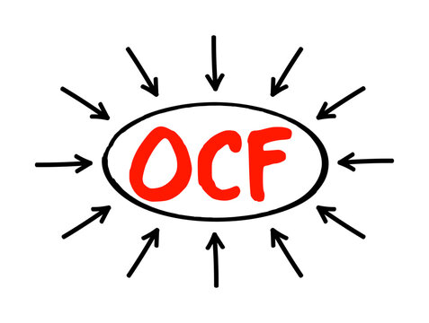 OCF Operating Cash Flow - measure of the amount of cash generated by a company's normal business operations, acronym text with arrows