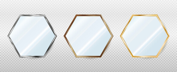 Realistic hexagonal mirrors in metal, bronze and gold frames. Reflective glass plate. 3d vector illustration isolated on transparent background.