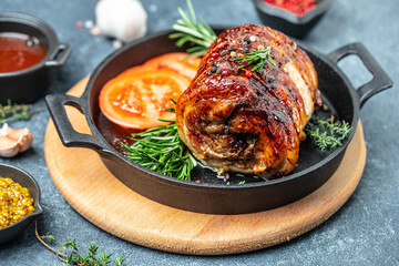 pork roll filled with minced beef meat with spices and cranberry. Food recipe background. Close up