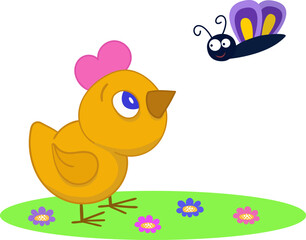 Vector image of a yellow little chicken and a purple butterfly. Vector cartoon illustration isolated on a white background