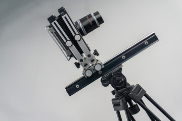 The old lens. Format camera. Cardan camera. Analog camera. Shooting on film or on paper. Retro camera.